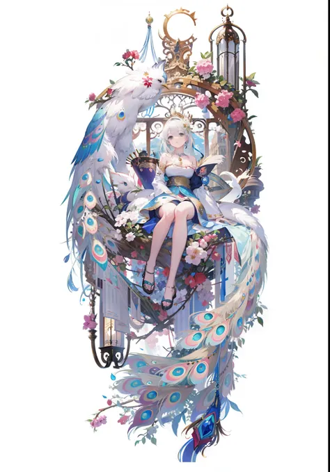 There is a woman sitting on a peacock with a birdcage, high detailed official artwork, Official artwork, intricate ornate anime cgi style, white-haired god, An anime cover, Detailed key anime art, nightcore, Anime fantasy illustration, Anime fantasy artwor...