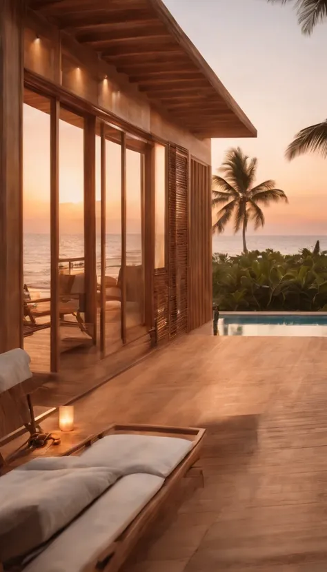 Beach development, Ground floor bungalow style, Minimalist, Detail of wooden slats, Facades with windows and small balconies, swimmingpool, Coconut trees, Sunset lighting, photorealistic image, cinematic ligh