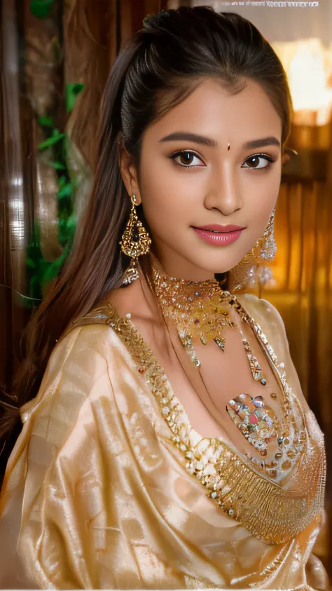 a close up of a woman wearing a sari and earrings, with lovely look, very beautiful girl, srilanka female aesthetic, traditional...