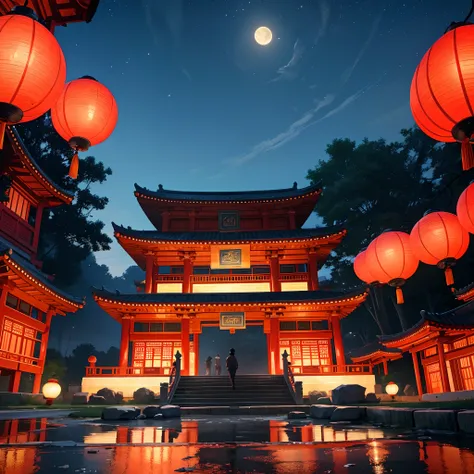 Best quality,masterpiece,ultra high res,no humans, Red China theme, Lunar New Year celebrations, volumetric lighting,China architecture, outdoors,(Curb Stone Floor), clear sky background, night