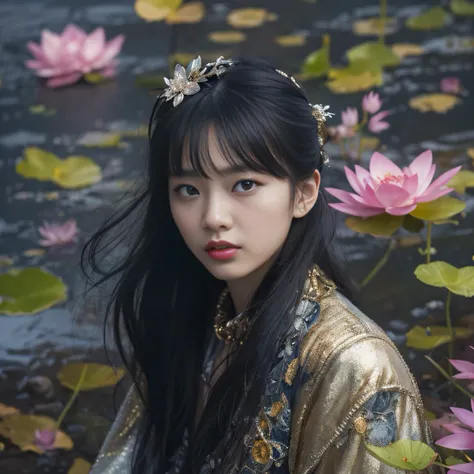 Gold backstop 32K（tmasterpiece，k hd，hyper HD，32K）Long flowing black hair，ponds，zydink， a color， Aozhou people （Concubine girl）， （Purple silk scarf）， Combat posture， looking at the ground， long whitr hair， Floating hair， Carp pattern headdress， Chinese long...