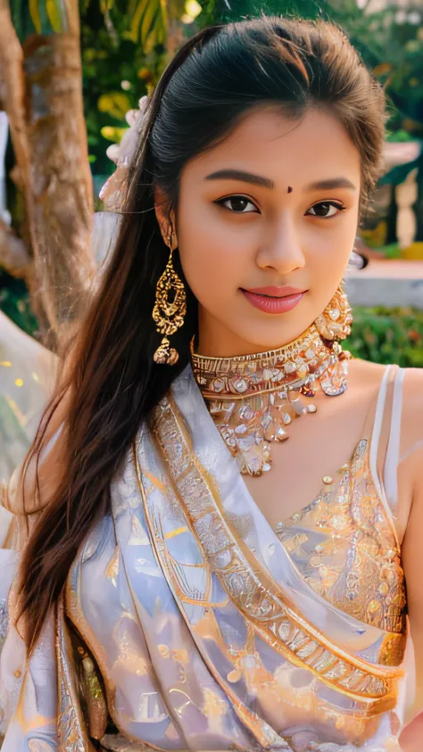 a close up of a woman wearing a sari and earrings, with lovely look, very beautiful girl, srilanka female aesthetic, traditional...