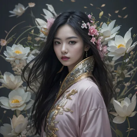 Gold backstop 32K（tmasterpiece，k hd，hyper HD，32K）Long flowing black hair，ponds，zydink， a color， Aozhou people （Concubine girl）， （Purple silk scarf）， Combat posture， looking at the ground， long whitr hair， Floating hair， Carp pattern headdress， Chinese long...