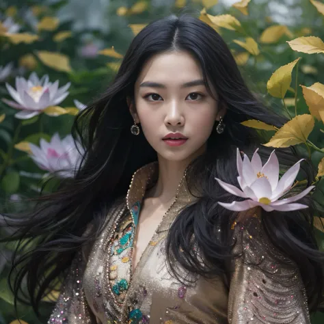 Gold backstop 32K（tmasterpiece，k hd，hyper HD，32K）Long flowing black hair，ponds，zydink， a color， Aozhou people （Concubine girl）， （Purple silk scarf）， Combat posture， looking at the ground， long whitr hair， Floating hair， Carp pattern headdress， Chinese long...