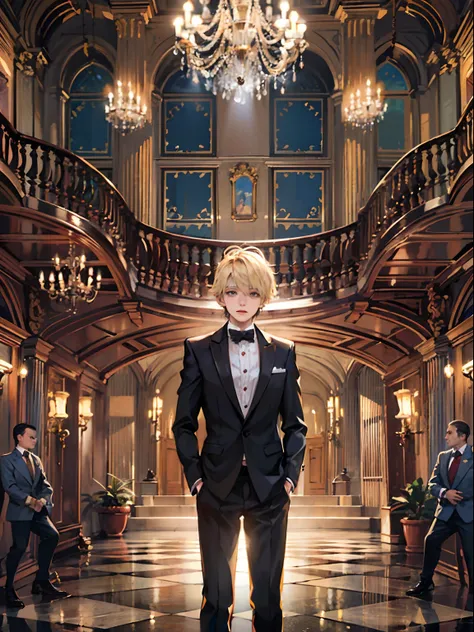 1boy,11 only、(Mans :2),(bobhair:1.5)、a blond、Naked tuxedo、Inside the Western-style building、Luxurious chandeliers、Vibrant lighting、hightquality、masutepiece,8K,hight resolution、