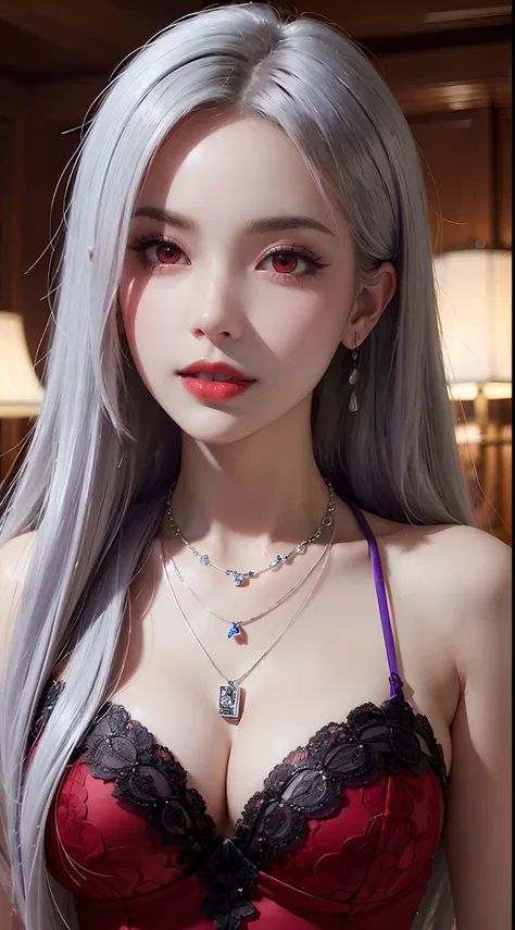 A beautiful and sexy 20 year old girl, ((wearing a super thin red dress:1.4)), a diamond dress, ((long platinum hair:1.6)), bangs, bridge jewelry period made from gems and beautiful hair, ((wearing a purple lace necklace:1.6))), the girls noble, noble styl...