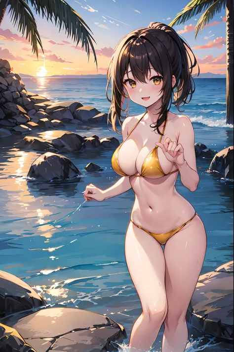 top-quality、Full limbs、complete fingers、Beautiful 25 year old woman、Slender beauty、((poneyTail、Medium Hair))、Brown hair、Raw feet、((Yellow Bikini))、Beautiful Large Breasts、sunset、the beach、Standing on the beach、horizon、Hair fluttering in the wind、A big smil...