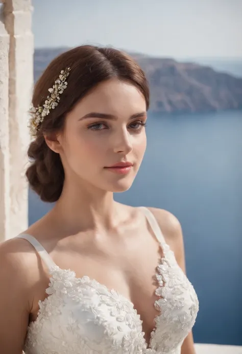 1 beautiful girl, (Reality: 1.3) Santorini, in front of (blue sea), white wedding dress, wedding decoration, masterpiece, diffuse soft light, (portrait), best quality, (perfect face Part: 1.4), hyper-realistic high details, complex realistic simulation sty...