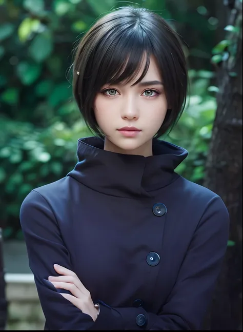 (hyperrealistic), (8K), (extremely detailed), (best illustration), (beautiful detailed eyes), (best quality), (ultra-detailed), (masterpiece), (wallpaper), (detailed face), Beautiful girl, dark green colored hair, short hair, brown eyes,blue black dreass,y...