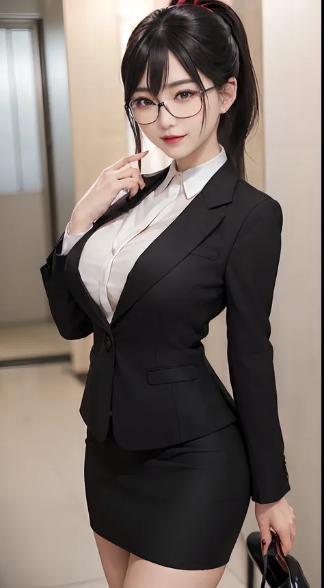 (((young office woman wearing silver glasses、recruit style women、woman wearing black jacket and black tight skirt)))、((top-quali...