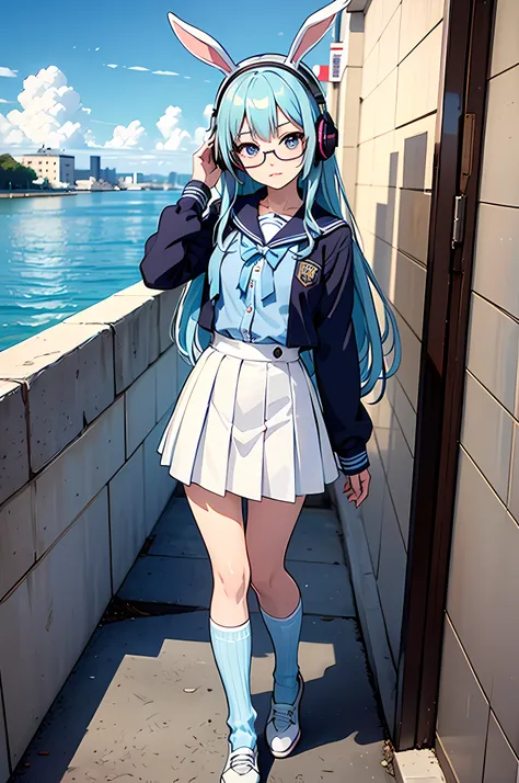 best quality,masterpiece,original,extremely detailed wallpaper,anime style,looking at viewer,1girl,solo,long hair,blue sky,light blue hair,two_side_up,light blue summer uniform,leg warmers,bunny ears,headphones,glasses,standing,