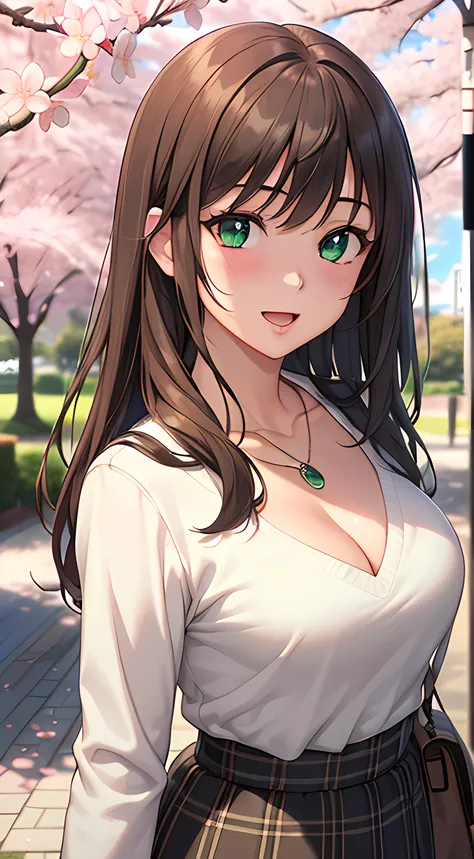 ((masterpiece, best quality, highres, UHD, perfect pixel, depth of field, 4k, RTX, HDR))), 1girl, single, solo, beautiful anime girl, beautiful artstyle, anime character, ((long hair, bangs, brown hair)), ((green eyes:1.4, rounded eyes, beautiful eyelashes...