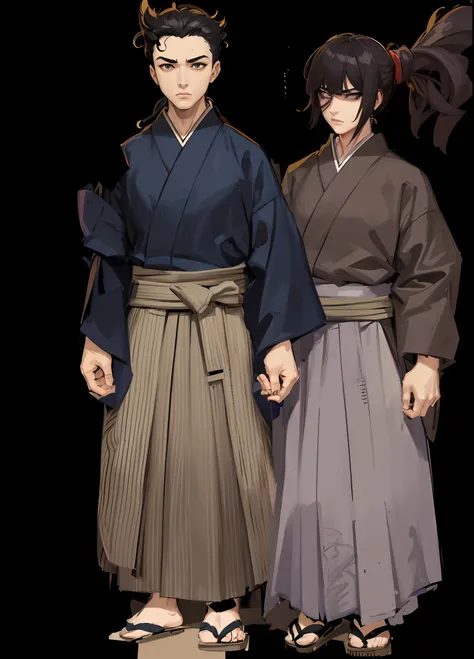 2 Elfos com kimonos, serious faces,um masculino e outro feminino. Ambos cabelo pretos, twins of different genders, Dont change the style.