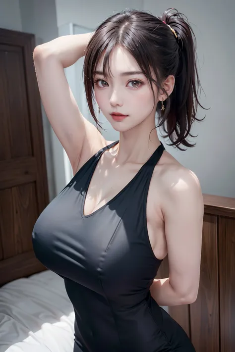 (((1ponytail hair girl:1.3, solo))), (a extremely pretty and beautiful milf:1.3), (22 years old: 1.1), (standing;1.3), view viewer, (look straight at the viewer:1.3), view viewer, (arm up:1.3), (arms up behind back on head:1.3), 
break, 
(up-ponytail:1.3),...