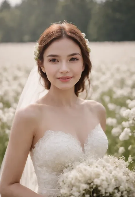 1girl in white wedding dress, Bare shoulders, blooming flower field, light smile, wollensak 127mm f/4.7 ektar