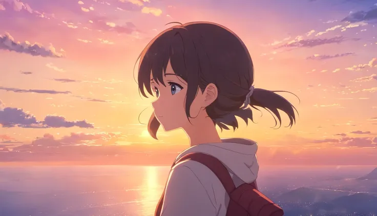 Masterpiece, Best quality, cinematic Film still from, 1girll, Cloud Girl, Black cap,Earphone,Floating in the sky, Close-up, Bright, cheerfulness, Warm and soft lighting, Sunset, (spark of light:0.7)