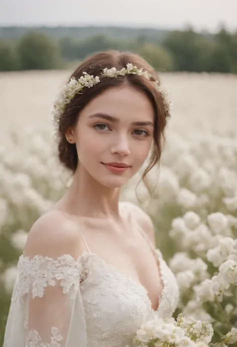 1girl in white wedding dress, Bare shoulders, blooming flower field, light smile, wollensak 127mm f/4.7 ektar,(close-up)