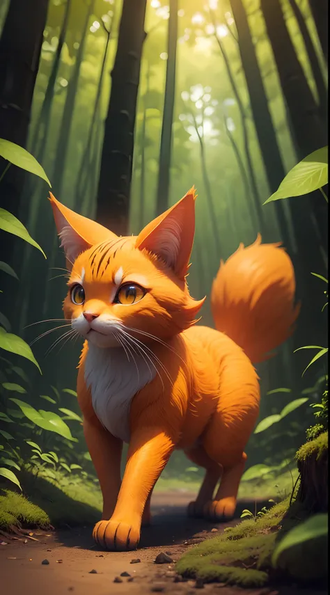 Animal gato com cauda 7 caudas de raposa, orange color and with serious look, 3 d illustration, Perfectionist graphics, detalhes bonitos, imagem bonita, fundo de natureza, Ambiente verde, image with mystical and fanciful tone