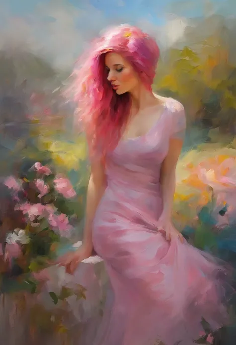 1woman with pink hair and sylk dress, straight hair, glossy hair, beautiful art uhd 4 k, outdoor, garden, beautiful character, beautiful portrait, expressive, beautiful painting, 
expressive beautiful portrait, side light, blue sky