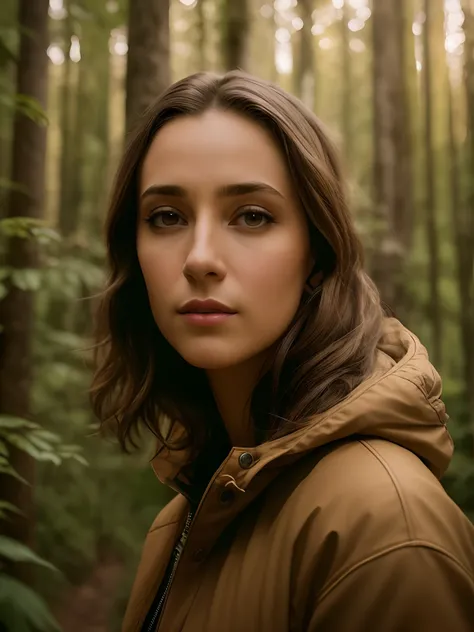 Woman in a brown jacket standing in a forest, foto retrato suave 8 k, Retrato tirado 8 K, cinematic portrayal, color photograph portrait 4k, retrato ambiental, close up foto de retrato, Retrato 4k, retrato colorido, foto de retrato, Retrato 8 K, retrato 4k...