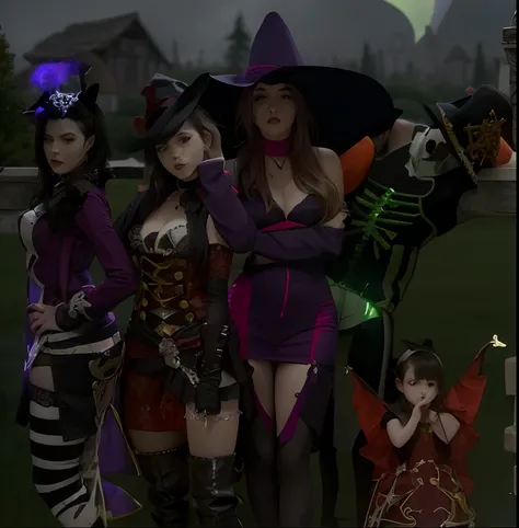 Three women dressed in costumes and hats standing in a field, O Conselho das Cadelas Assustadoras, pose de spellcasting, Bruxas, & todos parecem apavorados, pose assustadora, cena de halloween, goth family, pose assustadora, halloween celebration, Foto red...