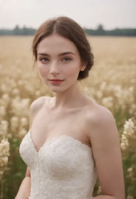 1 Girl in white wedding dress, bare shoulders, blooming flower field, faint smile, wollensak 127mm f/4.7 ektar, close-up portrait, focus on face, (close-up)