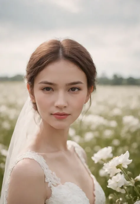 1 Girl in white wedding dress, blooming flower field, faint smile, wollensak 127mm f/4.7 ektar, close-up portrait, focus on face, (close-up)