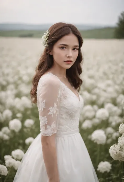 1 Girl in white wedding dress, blooming flower field, faint smile, wollensak 127mm f/4.7 ektar, close-up portrait, focus on face, (close-up)