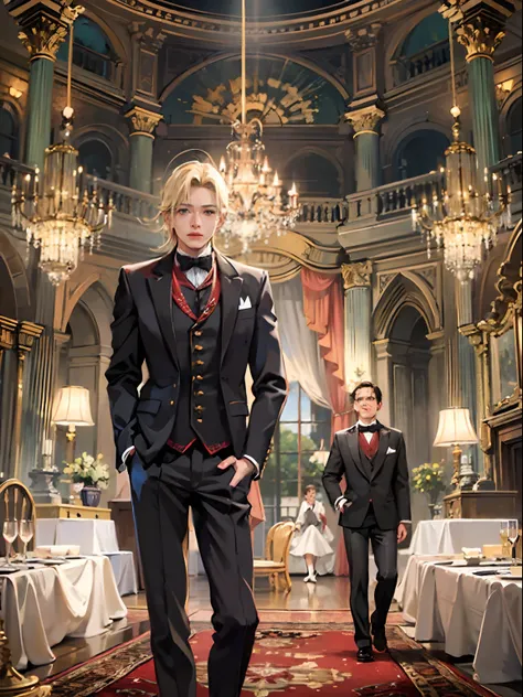 1boy,11 only、(Mans :2),(bobhair:1.5)、a blond、Naked tuxedo、Inside a luxurious Western-style building、Luxurious chandeliers、Vibrant lighting、hightquality、masutepiece,8K,hight resolution、