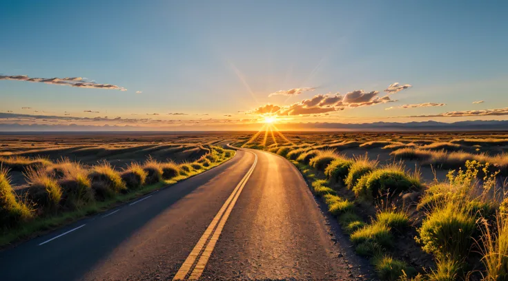 Image of a long, winding road，Bright light leading to the horizon,Bright Morning，sun beam