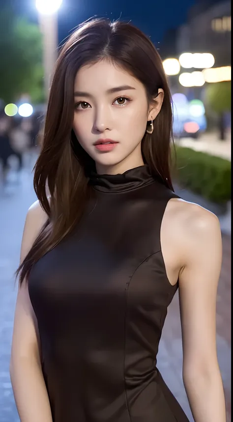 ((Realistic lighting, Best quality, 8K, Masterpiece: 1.3)), Focus: 1.2, 1girl, Perfect Body Beauty: 1.4, Slim Abs: 1.1, ((Dark Brown Hair)), (Aqua Dress: 1.4), (Outdoor, Night: 1.1), City Street, Super Fine Face, Fine Eyes, Double Eyelids,