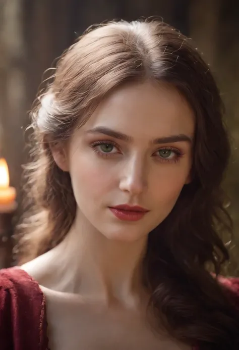 (((A deep reddish scar runs across her left cheek))) light skinned, Women around 19 years old, Natural gray hair, Distinctive green eyes, Wearing Cole, slender and graceful,, Beautiful, Candlelight in medieval atmosphere, Ultra Sharp Focus, realistic shot,...