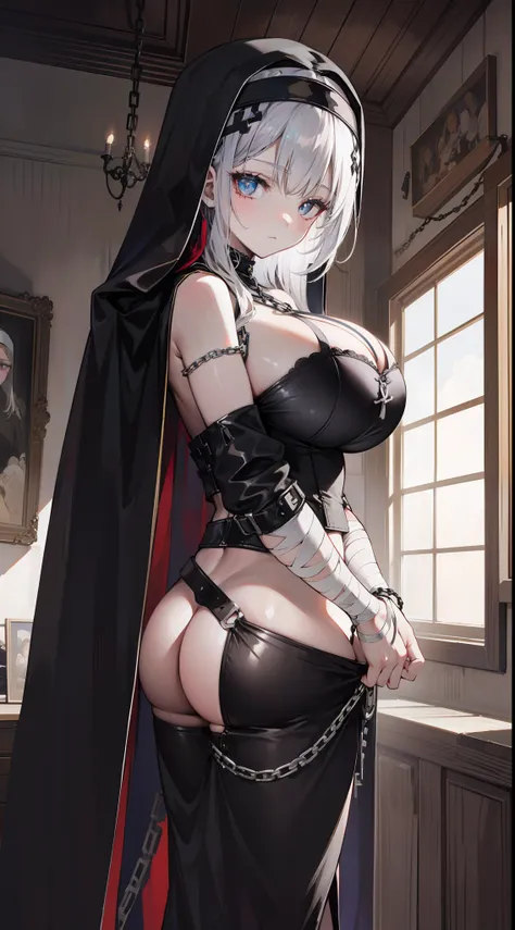 Striped hair, french braid, mismatched pupils, Chiaroscuro, back lit lighting, Gothic art, 16k, Best quality, Anatomically correct, High details，lewd nun，Leather bandages，Metal chains，huge tit