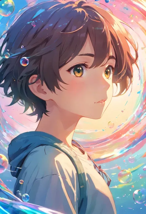 Xingqiu (masterpiece), (best quality), (ultra detailed),(disheveled hair),(illustration), (1boy), beautifuldetailedeyes,delicate beautiful face,Floating,(high saturation),(colorful splashes),colorful bubble,(shining),focus on face