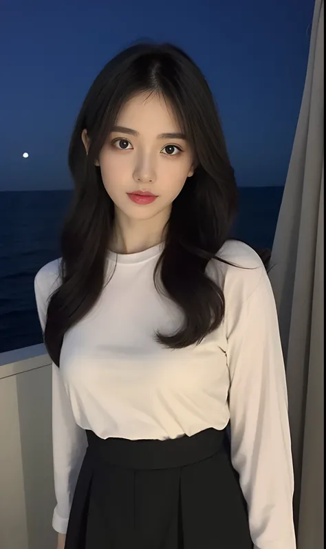 （Original photo of 8K，best qualtiy，tmasterpiece：1.2），（Medium view），the night，Night on a yacht，Sea and night view in the background，best qualtiy，tmasterpiece，（Small mouth：1.2），short- sleeved，short- sleeved，short- sleeved，short- sleeved，an extremely delicate...