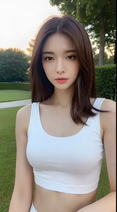 ((Realistic lighting, Best quality, 8K, Masterpiece: 1.3)), Clear focus: 1.2, 1girl, Perfect beauty: 1.4, Slim abs: 1.1, ((Dark brown hair)), (White crop top: 1.4), (Outdoor, Night: 1.1), Park view, Super fine face, Fine eyes, Double eyelids,