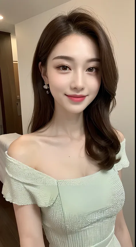 ((Best Quality, 8K, Masterpiece: 1.3)), 1girl, Slim Abs Beauty: 1.3, (Hairstyle Casual, Big Breasts: 1.2), Dress: 1.1, Super Fine Face, Delicate Eyes, Double Eyelids, Smile, Home