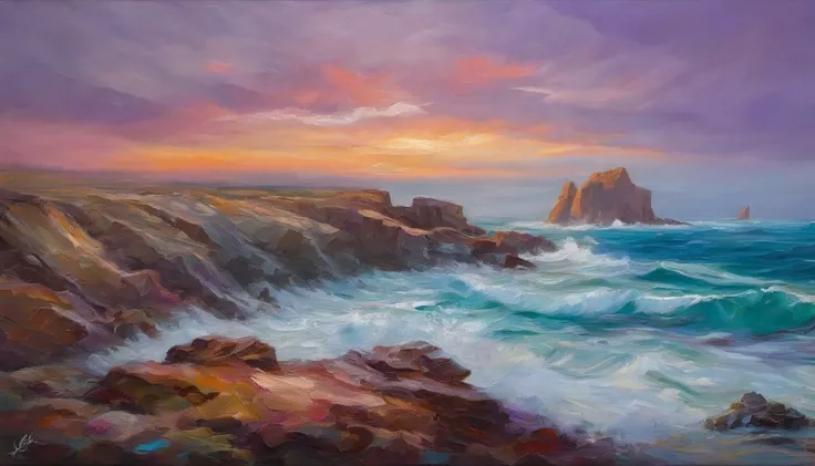 A vibrant seascape scene capturing the raw power of the ocean with waves crashing dramatically upon rugged reefs. Beautiful end of the day sky with purple and pink shades. Realistic sea waters and rock formations. Expressionist light and shadow. Hyperreali...