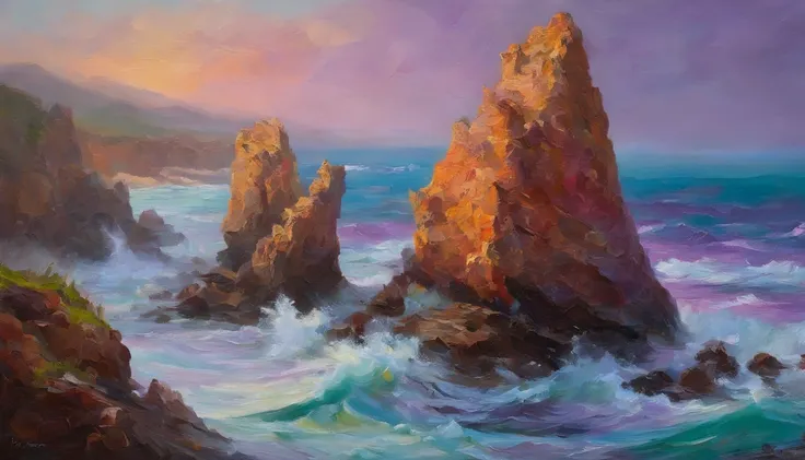 A vibrant seascape scene capturing the raw power of the ocean with waves crashing dramatically upon rugged reefs. Beautiful end of the day sky with purple and pink shades. Realistic sea waters and rock formations. Expressionist light and shadow. Hyperreali...