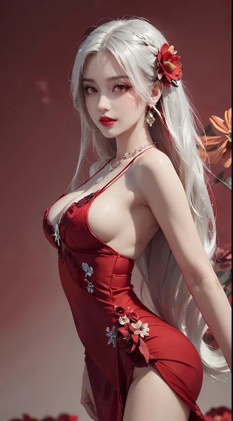 A beautiful and sexy 20 year old girl, ((wearing a super thin red dress:1.8)), a dress with diamonds, ((long platinum hair:1.6)), bangs, jewelry elaborately made from precious stones and beautiful hair, ((wearing a black lace necklace:1.4))), the noble, no...