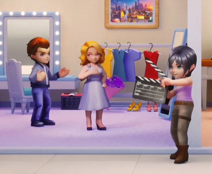 The blonde beauty is wearing a white dress，In an interview，The handsome male assistant next to him opened his hands，The short-haired director is shooting a movie with a slateboard，delicated face，The expression is beautiful and cute， 3D Pixar animation styl...