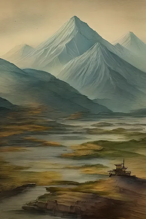 Chinese landscape painting，ink and watercolor painting，water ink，ink，Smudge，Faraway view，Ultra-wide viewing angle，Meticulous，water ink，Smudge，Meticulous，Smudge，low-saturation，Low contrast，The light boat has crossed the Ten Thousand Heavy Mountains，Beautifu...