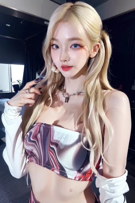 (8K、4K、top-quality、hight resolution、超A high resolution:1.1)、(​masterpiece、realisitic、Photorealsitic:1.1)、1girl in、faces、a closeup、Twin-tailed、blonde  hair、black eyes、red-lips、(Look at viewers:1.5)、absurdly long hair、long eyeslashes、eyeshadows、a small face、...