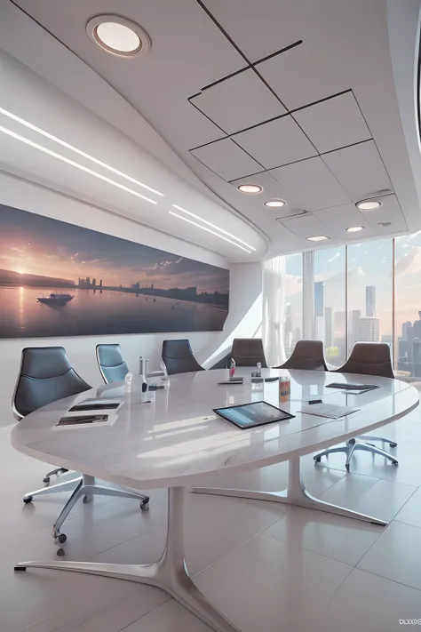 meeting room，There is a wall in the middle of the meeting room,The painting on the wall is in the middle, Paintings on the walls, skyscape, Large airy windows, Zaha Hadid and Santiago Calatrava landscape panoramic style, Fish, Clear light, Edge lighting, P...