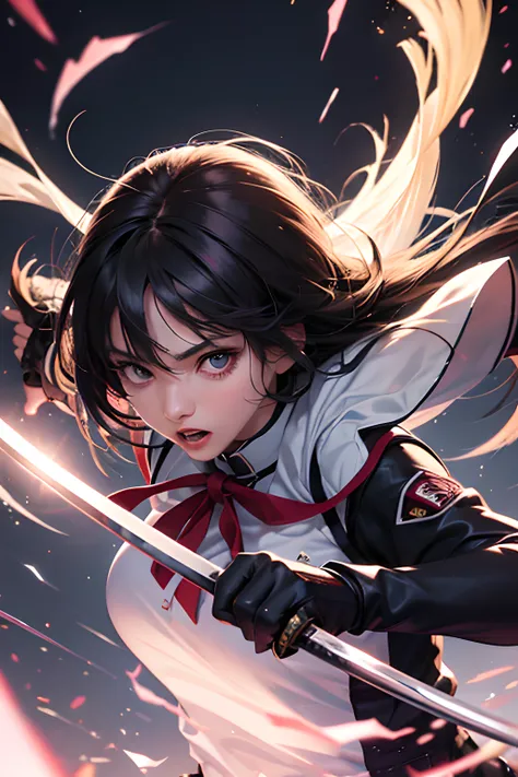 a girl with a katana, school uniform, battle background, attacking with the katana, dramatic