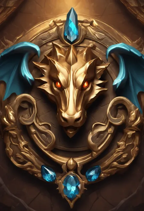 Game medallion with metal faucet closeup with crown，Close-up of dragon head，hearthstone art style, Hearthstone style art, hearthstone concept art, Riot game concept art, style of league of legends, iconic character splash art, League of Legends crown，Game ...