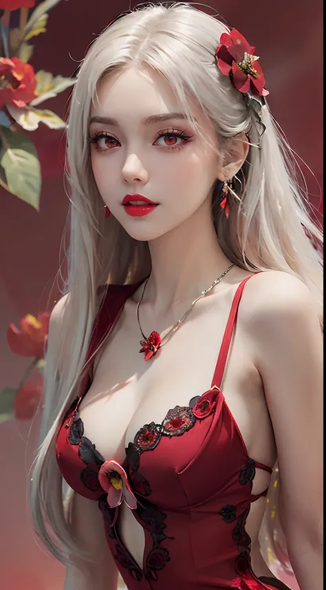 A beautiful and sexy 20 year old girl, ((wearing a super thin red dress:1.8)), a dress with diamonds, ((long platinum hair:1.6)), bangs, jewelry elaborately made from precious stones and beautiful hair, ((wearing a black lace necklace:1.4))), the noble, no...