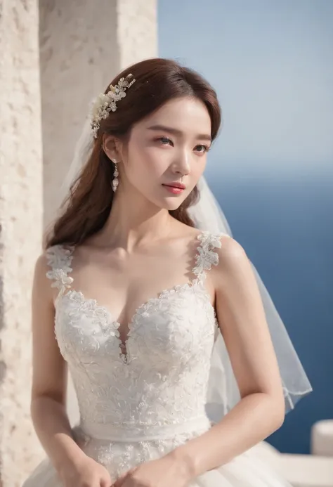 1 Beautiful Girl, Korean Idol, (Reality: 1.3) Santorini, Front (Blue Sea), White Wedding Dress, Wedding Decoration, Masterpiece, Diffuse Soft Light, (Portrait), Best Quality, (Perfect Face Part: 1.4), (Avatar close-up), Ultra-realistic high details, comple...