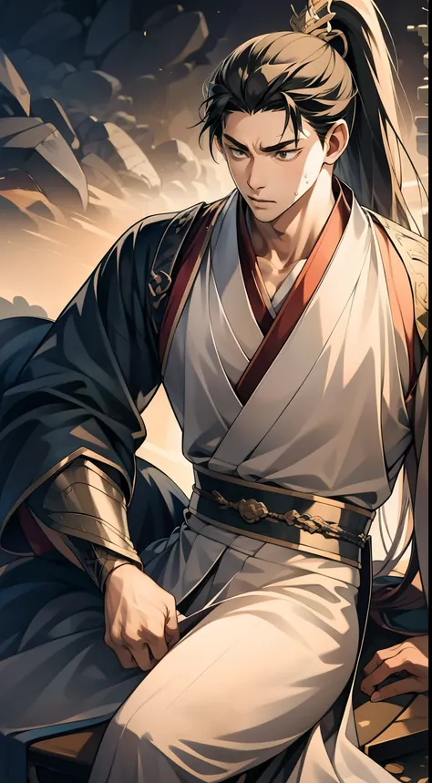 quadratic element，style of anime，mtu（Male Warrior），The proportions are correct，Face details，swordsmen，High ponytail hairstyle，Neck details，There is an Adams apple，Black Hanfu，kaftan，Embroidered robes，Black robe，clothes details，Handing over，longer sleeves，G...