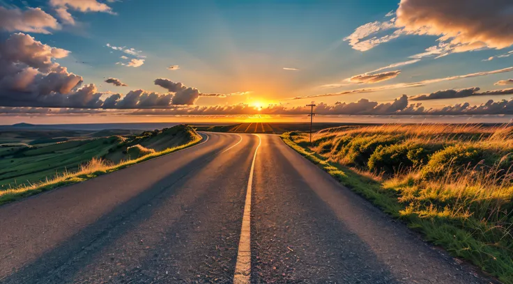 Long images, Winding rod(Winding rod(Winding Road))，Bright light leading to the horizon,Bright Morning，sun beam